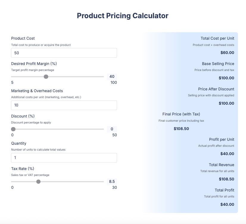 Product Pricing Calculator - Live Calculator Template | Minivolve ...